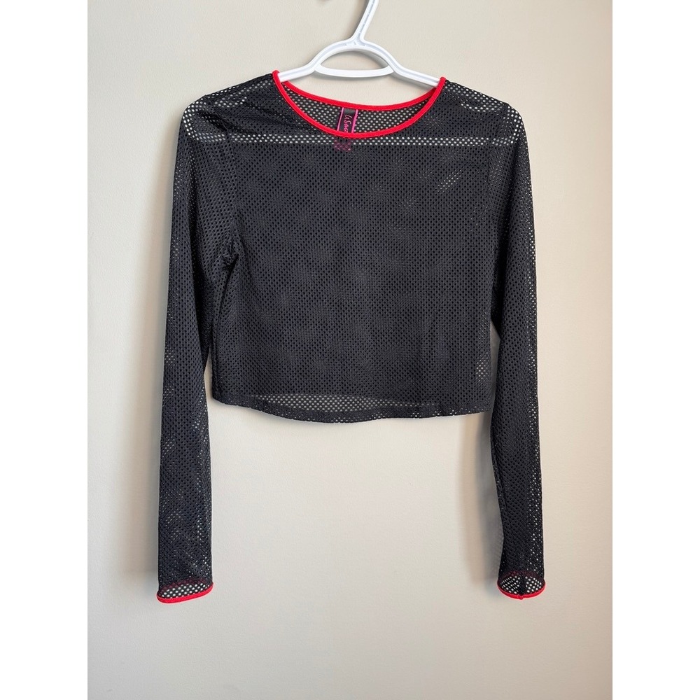 La Senza Mesh Long Sleeve Crop Top Black Red Trim Sheer Sporty Goth Large Rave